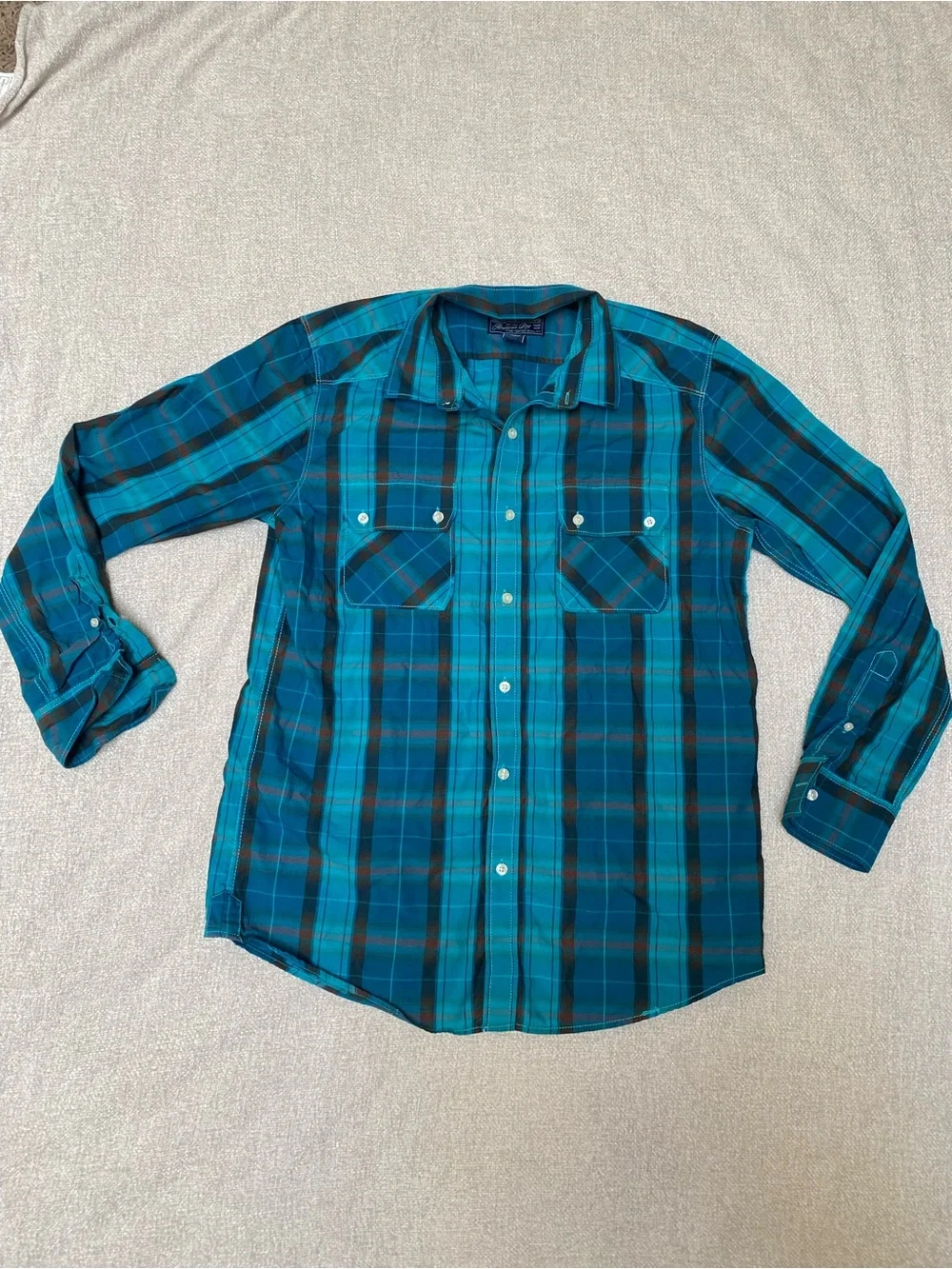 American Rag Cie Men’s Plaid Button Down Shirt Blue Teal Size Medium 100% Cotton